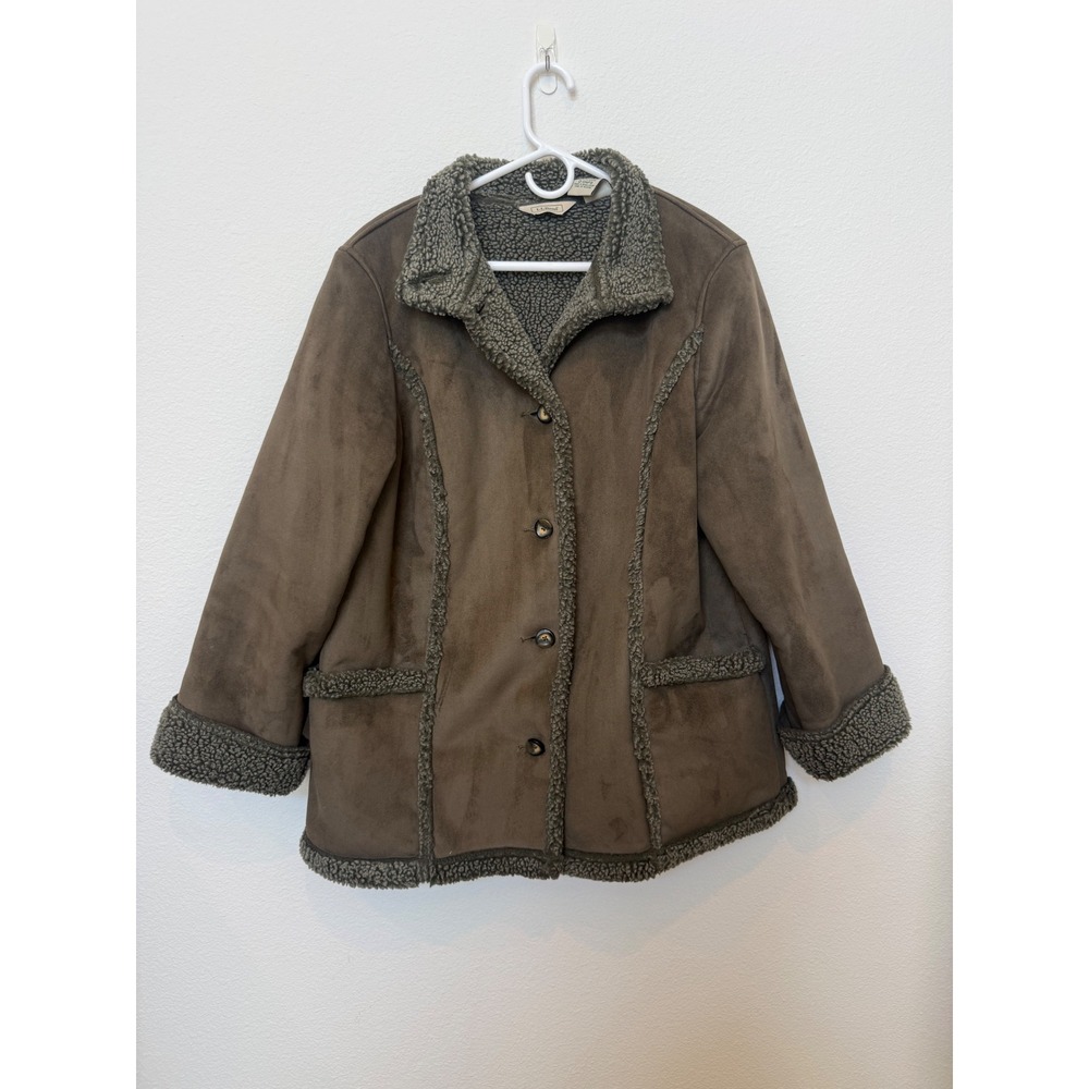 L.L. Bean Faux Shearling Coat Womens LP Large Petite Brown Olive Faux Suede Vtg